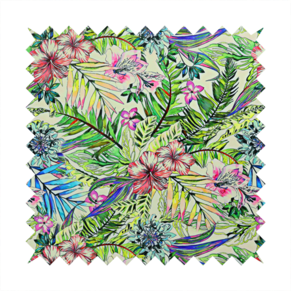 A vibrant, dense tropical pattern featuring colourful hibiscus and orchid flowers, spiky blue and white blooms, and lush green and blue palm leaves.