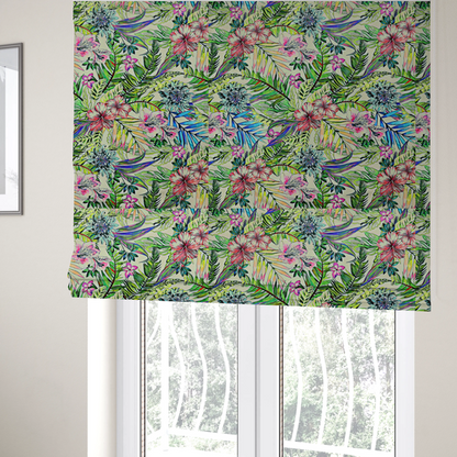 The fabric used to create these Roman blinds is a vibrant, dense tropical pattern featuring colourful hibiscus and orchid flowers, spiky blue and white blooms, and lush green and blue palm leaves.