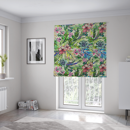 The fabric used to create these Roman blinds is a vibrant, dense tropical pattern featuring colourful hibiscus and orchid flowers, spiky blue and white blooms, and lush green and blue palm leaves.