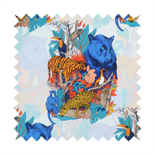 A colourful and vibrant jungle pattern on a pale background featuring a blue panther, tigers, leopards, monkeys, toucans, and lush tropical flora.