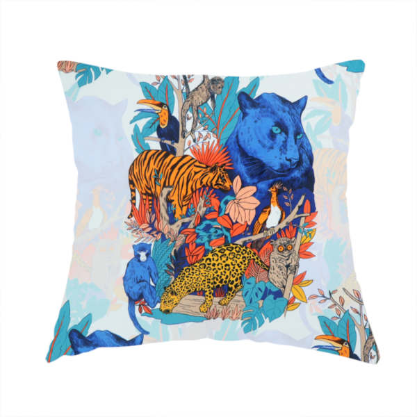 The fabric used to create this handmade cushion is a colourful and vibrant jungle pattern on a pale background featuring a blue panther, tigers, leopards, monkeys, toucans, and lush tropical flora.