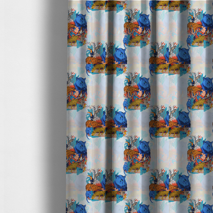 The fabric used to create these made-to-measure curtains is a colourful and vibrant jungle pattern on a pale background featuring a blue panther, tigers, leopards, monkeys, toucans, and lush tropical flora.