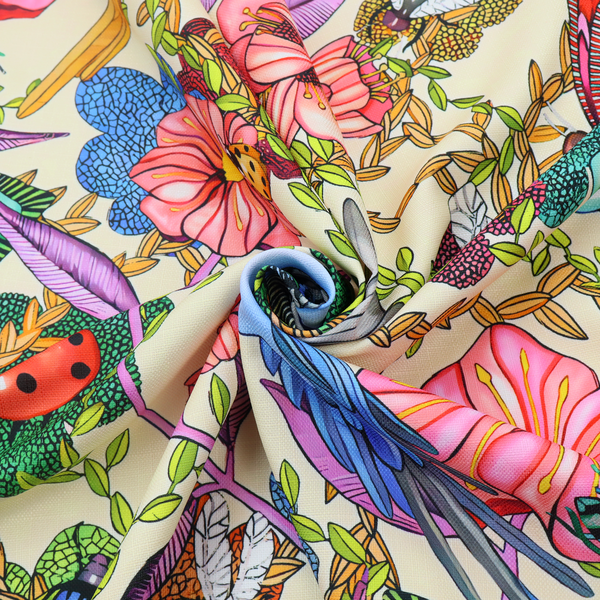 A colourful and detailed repeating pattern on a light background featuring blue and yellow birds, bright butterflies, ladybugs, and vibrant pink flowers.
