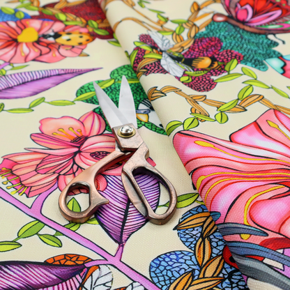 A colourful and detailed repeating pattern on a light background featuring blue and yellow birds, bright butterflies, ladybugs, and vibrant pink flowers.