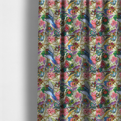 The fabric used to create these made-to-measure curtains is a colourful and detailed repeating pattern on a light background featuring blue and yellow birds, bright butterflies, ladybugs, and vibrant pink flowers.