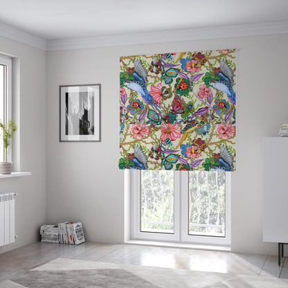 The fabric used to create these Roman blinds is a colourful and detailed repeating pattern on a light background featuring blue and yellow birds, bright butterflies, ladybugs, and vibrant pink flowers.