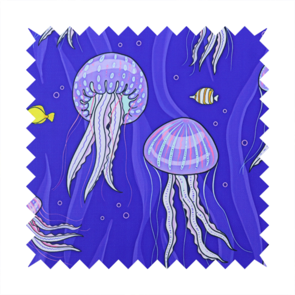 A vibrant underwater pattern on a rich blue background featuring glowing purple and pink jellyfish, tiny colourful fish, and floating bubbles.
