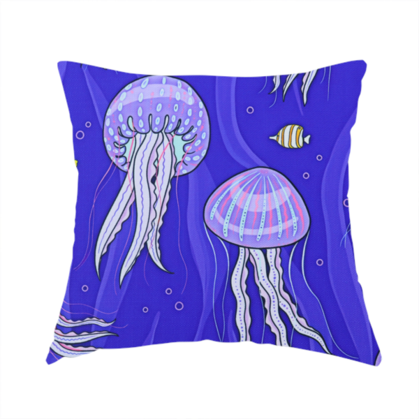 The fabric used to create this handmade cushion is a vibrant underwater pattern on a rich blue background featuring glowing purple and pink jellyfish, tiny colourful fish, and floating bubbles.