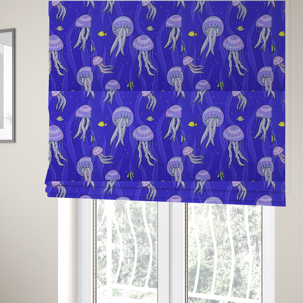 The fabric used to create these Roman blinds is a vibrant underwater pattern on a rich blue background featuring glowing purple and pink jellyfish, tiny colourful fish, and floating bubbles.