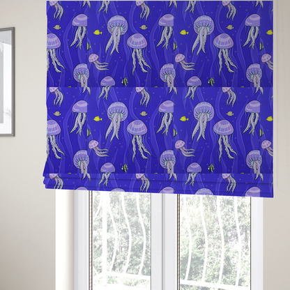 The fabric used to create these Roman blinds is a vibrant underwater pattern on a rich blue background featuring glowing purple and pink jellyfish, tiny colourful fish, and floating bubbles.