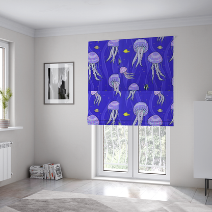 The fabric used to create these Roman blinds is a vibrant underwater pattern on a rich blue background featuring glowing purple and pink jellyfish, tiny colourful fish, and floating bubbles.