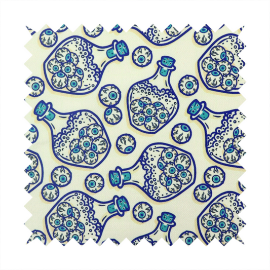 A repeating blue-and-white line-art pattern on a light beige background featuring glass potion bottles filled with piles of detailed eyeballs, surrounded by scattered loose eyeballs.