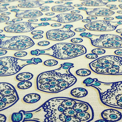 A repeating blue-and-white line-art pattern on a light beige background featuring glass potion bottles filled with piles of detailed eyeballs, surrounded by scattered loose eyeballs.
