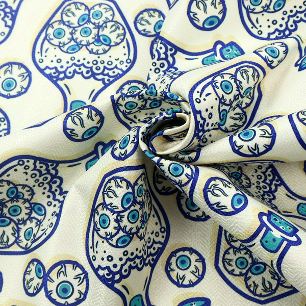 A repeating blue-and-white line-art pattern on a light beige background featuring glass potion bottles filled with piles of detailed eyeballs, surrounded by scattered loose eyeballs.
