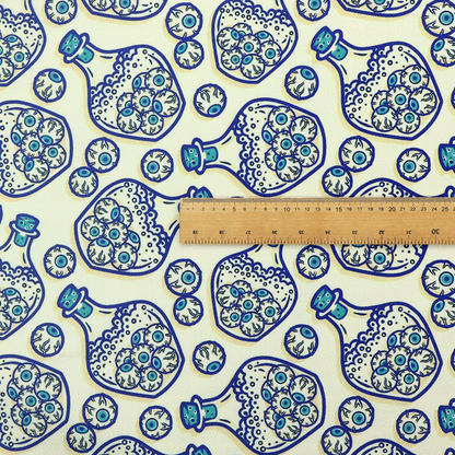A repeating blue-and-white line-art pattern on a light beige background featuring glass potion bottles filled with piles of detailed eyeballs, surrounded by scattered loose eyeballs.