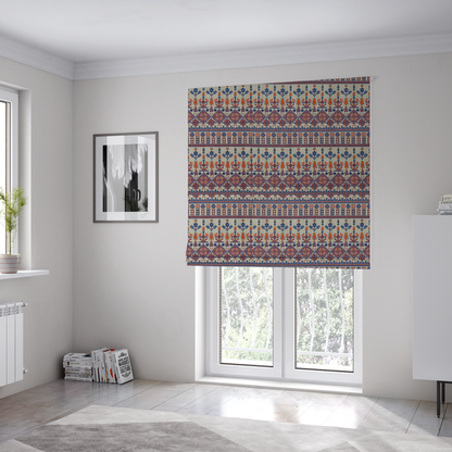 The fabric used to create these Roman blinds is an intricate folk-inspired fabric featuring horizontal bands of geometric diamonds, stylized birds, and floral motifs in navy blue and rust orange on a beige background.
