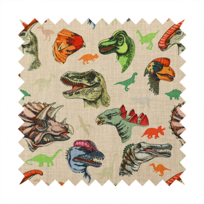 Several distinct dinosaur heads are scattered across the pattern, including detailed illustrations of a Triceratops with horns, a green Tyrannosaurus rex with textured skin, a long-snouted Parasaurolophus with a prominent crest, a blue-headed theropod with a pink crest, an orange-headed ceratopsian, and a Spinosaurus with a crocodile-like snout.