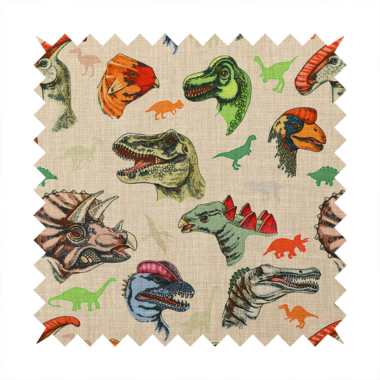 Several distinct dinosaur heads are scattered across the pattern, including detailed illustrations of a Triceratops with horns, a green Tyrannosaurus rex with textured skin, a long-snouted Parasaurolophus with a prominent crest, a blue-headed theropod with a pink crest, an orange-headed ceratopsian, and a Spinosaurus with a crocodile-like snout.