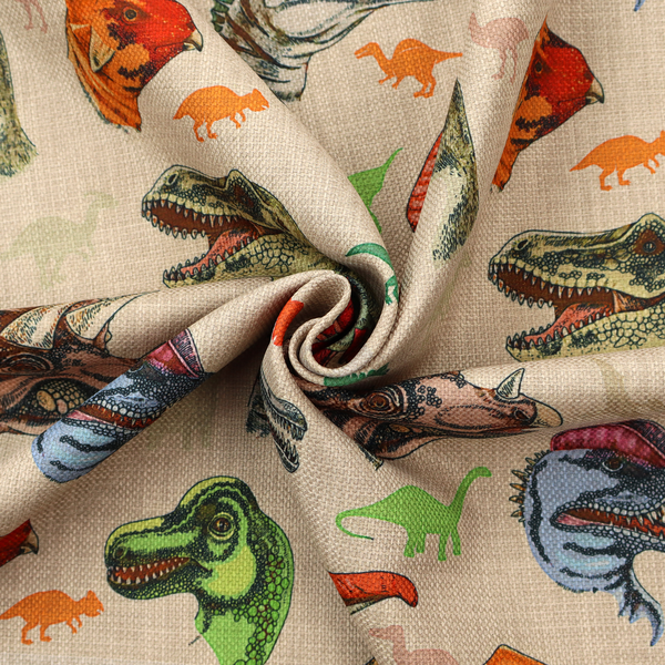 Several distinct dinosaur heads are scattered across the pattern, including detailed illustrations of a Triceratops with horns, a green Tyrannosaurus rex with textured skin, a long-snouted Parasaurolophus with a prominent crest, a blue-headed theropod with a pink crest, an orange-headed ceratopsian, and a Spinosaurus with a crocodile-like snout.