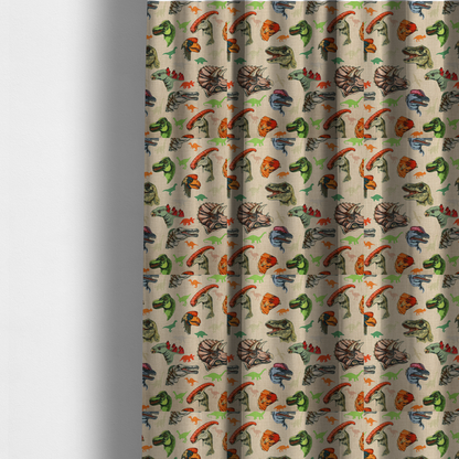 The fabric used to create these made-to-measure curtains has several distinct dinosaur heads are scattered across the pattern, including detailed illustrations of a Triceratops with horns, a green Tyrannosaurus rex with textured skin, a long-snouted Parasaurolophus with a prominent crest, a blue-headed theropod with a pink crest, an orange-headed ceratopsian, and a Spinosaurus with a crocodile-like snout.