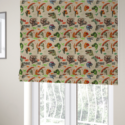 The fabric used to create these Roman blinds has several distinct dinosaur heads are scattered across the pattern, including detailed illustrations of a Triceratops with horns, a green Tyrannosaurus rex with textured skin, a long-snouted Parasaurolophus with a prominent crest, a blue-headed theropod with a pink crest, an orange-headed ceratopsian, and a Spinosaurus with a crocodile-like snout.
