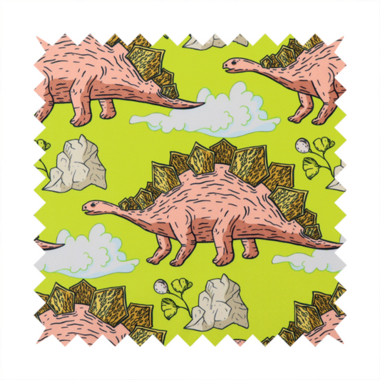 A repeating pattern on a vibrant green background featuring pink Stegosaurus dinosaurs with golden plates, interspersed with light grey rocks, fluffy white clouds, and small green sprigs.