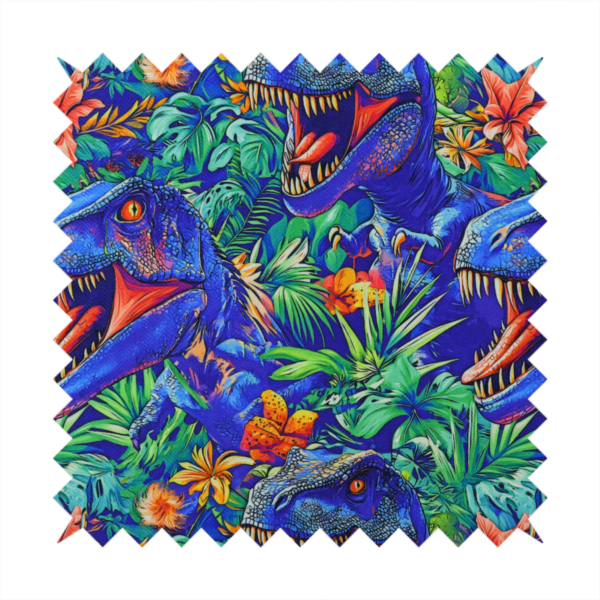A vibrant, repeating pattern on a rich blue background featuring blue-and-purple Tyrannosaurus rex heads with open jaws and sharp teeth, surrounded by lush green tropical foliage, orange flowers, and plants.