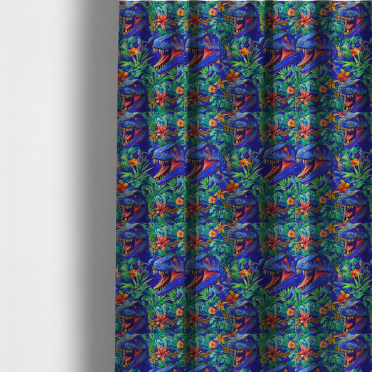 The fabric used to create these made-to-measure curtains is a vibrant, repeating pattern on a rich blue background featuring blue-and-purple Tyrannosaurus rex heads with open jaws and sharp teeth, surrounded by lush green tropical foliage, orange flowers, and plants.