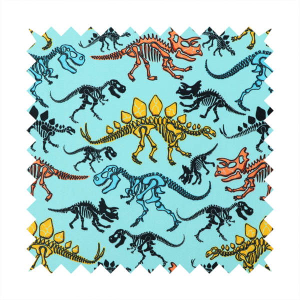 A repeating pattern on a light blue background featuring colourful dinosaur skeletons in yellow, orange, blue, and black, depicting various species including Stegosaurus, Triceratops, and Tyrannosaurus rex.