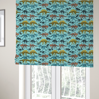 The fabric used to create these Roman blinds is a repeating pattern on a light blue background featuring colourful dinosaur skeletons in yellow, orange, blue, and black, depicting various species including Stegosaurus, Triceratops, and Tyrannosaurus rex.