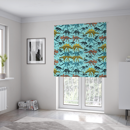 The fabric used to create these Roman blinds is a repeating pattern on a light blue background featuring colourful dinosaur skeletons in yellow, orange, blue, and black, depicting various species including Stegosaurus, Triceratops, and Tyrannosaurus rex.