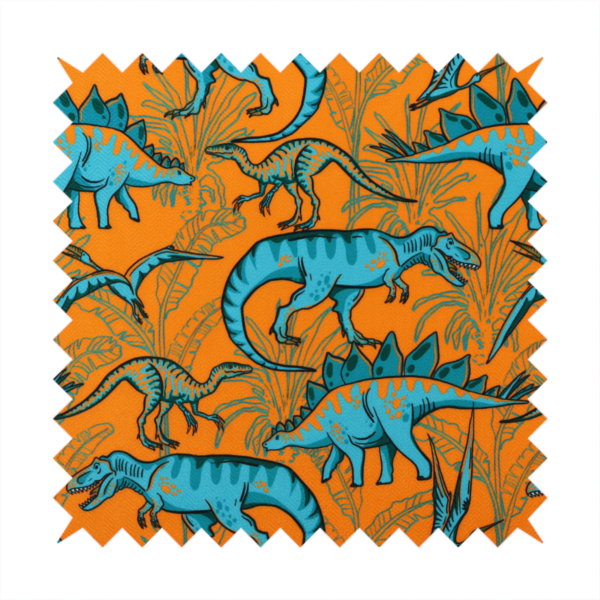 A repeating pattern on a bright orange background featuring blue dinosaurs, including Stegosaurus, T-Rex, and pterosaurs, set against a backdrop of palm leaves and tropical foliage.