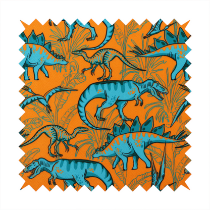 A repeating pattern on a bright orange background featuring blue dinosaurs, including Stegosaurus, T-Rex, and pterosaurs, set against a backdrop of palm leaves and tropical foliage.