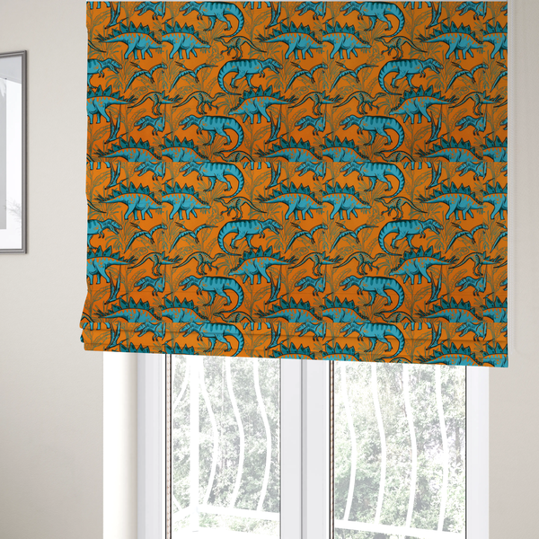 The fabric used to create these Roman blinds is a repeating pattern on a bright orange background featuring blue dinosaurs, including Stegosaurus, T-Rex, and pterosaurs, set against a backdrop of palm leaves and tropical foliage.