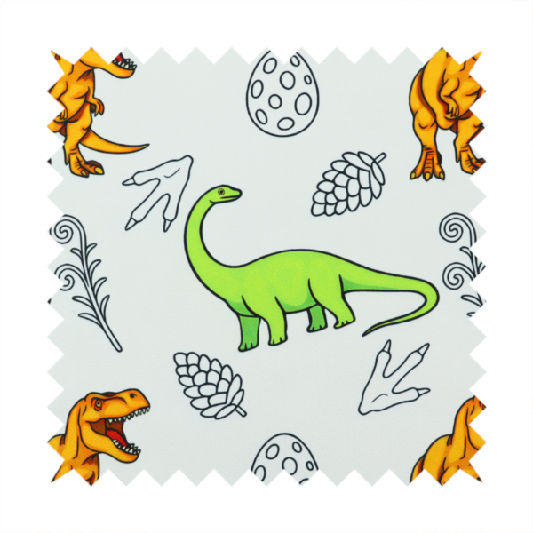 A repeating pattern on a light grey-blue background featuring orange Tyrannosaurus rex dinosaurs, a bright green long-necked sauropod, speckled dinosaur eggs, pinecones, footprints, and leafy sprigs.