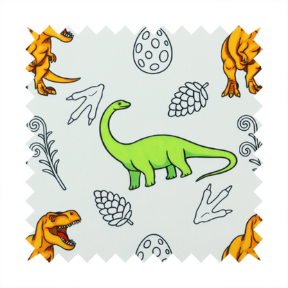 A repeating pattern on a light grey-blue background featuring orange Tyrannosaurus rex dinosaurs, a bright green long-necked sauropod, speckled dinosaur eggs, pinecones, footprints, and leafy sprigs.