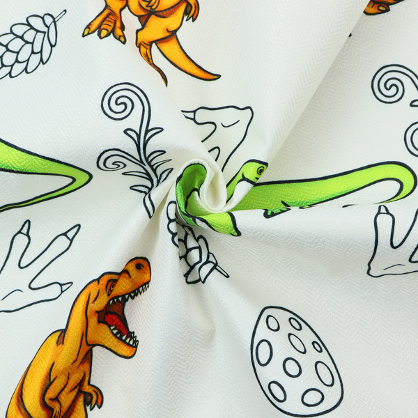 A repeating pattern on a light grey-blue background featuring orange Tyrannosaurus rex dinosaurs, a bright green long-necked sauropod, speckled dinosaur eggs, pinecones, footprints, and leafy sprigs.