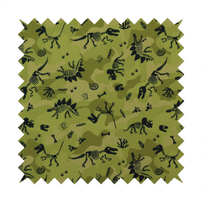 A military-style green camouflage pattern featuring repeating black dinosaur skeletons, bones, footprints, and fossils.