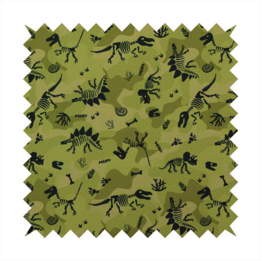 A military-style green camouflage pattern featuring repeating black dinosaur skeletons, bones, footprints, and fossils.