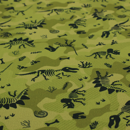 A military-style green camouflage pattern featuring repeating black dinosaur skeletons, bones, footprints, and fossils.