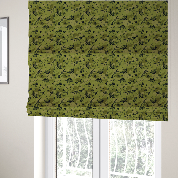 The fabric used to create these Roman blinds is a military-style green camouflage pattern featuring repeating black dinosaur skeletons, bones, footprints, and fossils.