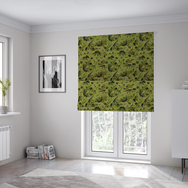 The fabric used to create these Roman blinds is a military-style green camouflage pattern featuring repeating black dinosaur skeletons, bones, footprints, and fossils.