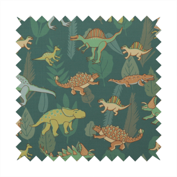 A playful dinosaur pattern on a deep teal background featuring various illustrated dinosaurs and lush tropical leaves.