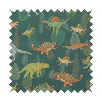 A playful dinosaur pattern on a deep teal background featuring various illustrated dinosaurs and lush tropical leaves.