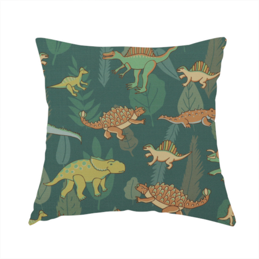 The fabric used to create this handmade cushion is a playful dinosaur pattern on a deep teal background featuring various illustrated dinosaurs and lush tropical leaves.