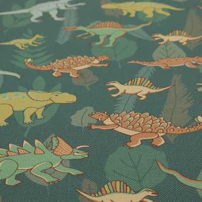 A playful dinosaur pattern on a deep teal background featuring various illustrated dinosaurs and lush tropical leaves.