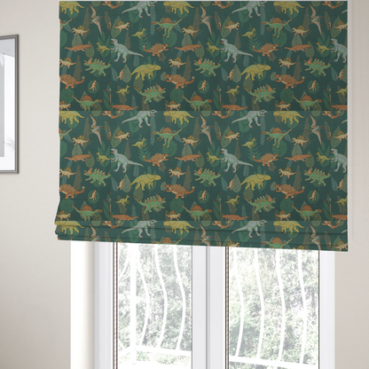 The fabric used to create these Roman blinds is a playful dinosaur pattern on a deep teal background featuring various illustrated dinosaurs and lush tropical leaves.