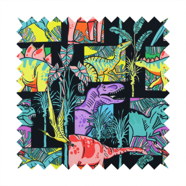 A bold repeating pattern on a black background featuring colourful dinosaurs, including pink, yellow, teal, and purple species, framed within geometric panels and surrounded by tropical foliage.