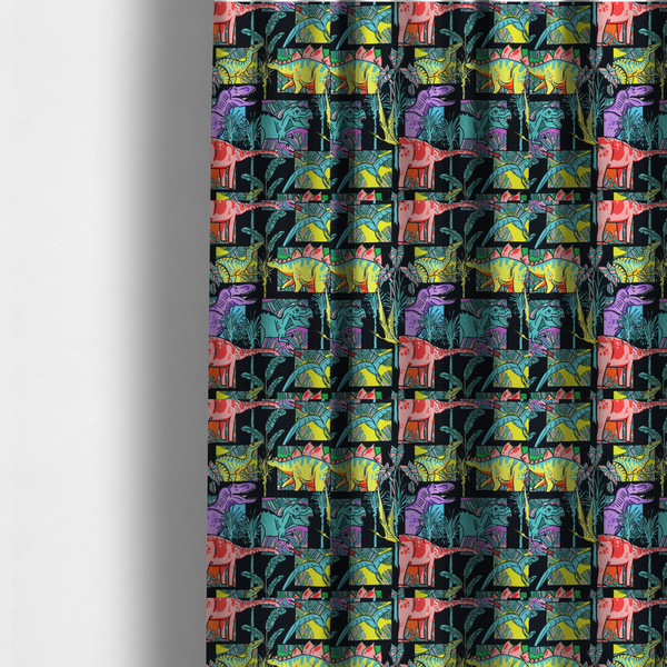 The fabric used to create these made-to-measure curtains is a bold repeating pattern on a black background featuring colourful dinosaurs, including pink, yellow, teal, and purple species, framed within geometric panels and surrounded by tropical foliage.
