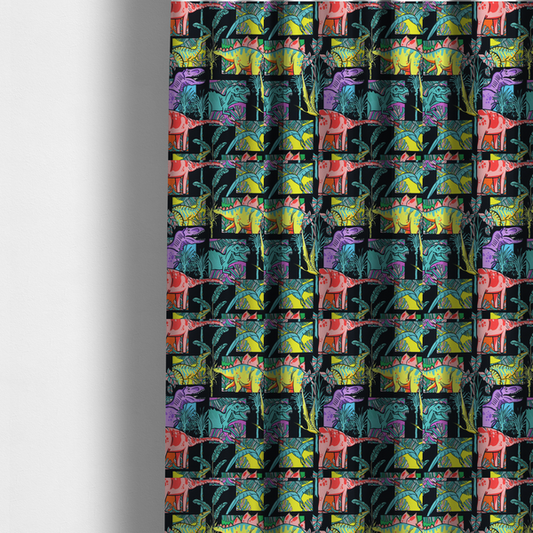 The fabric used to create these made-to-measure curtains is a bold repeating pattern on a black background featuring colourful dinosaurs, including pink, yellow, teal, and purple species, framed within geometric panels and surrounded by tropical foliage.